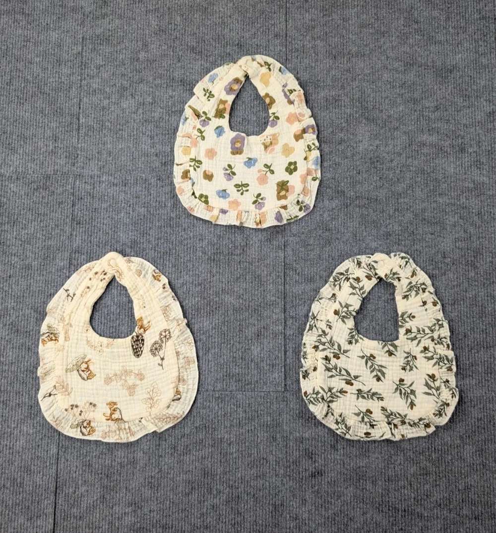 Cotton Gauze Bib Lot of 3 Natural FIber Neutral Graphic Floral Animal Minimal